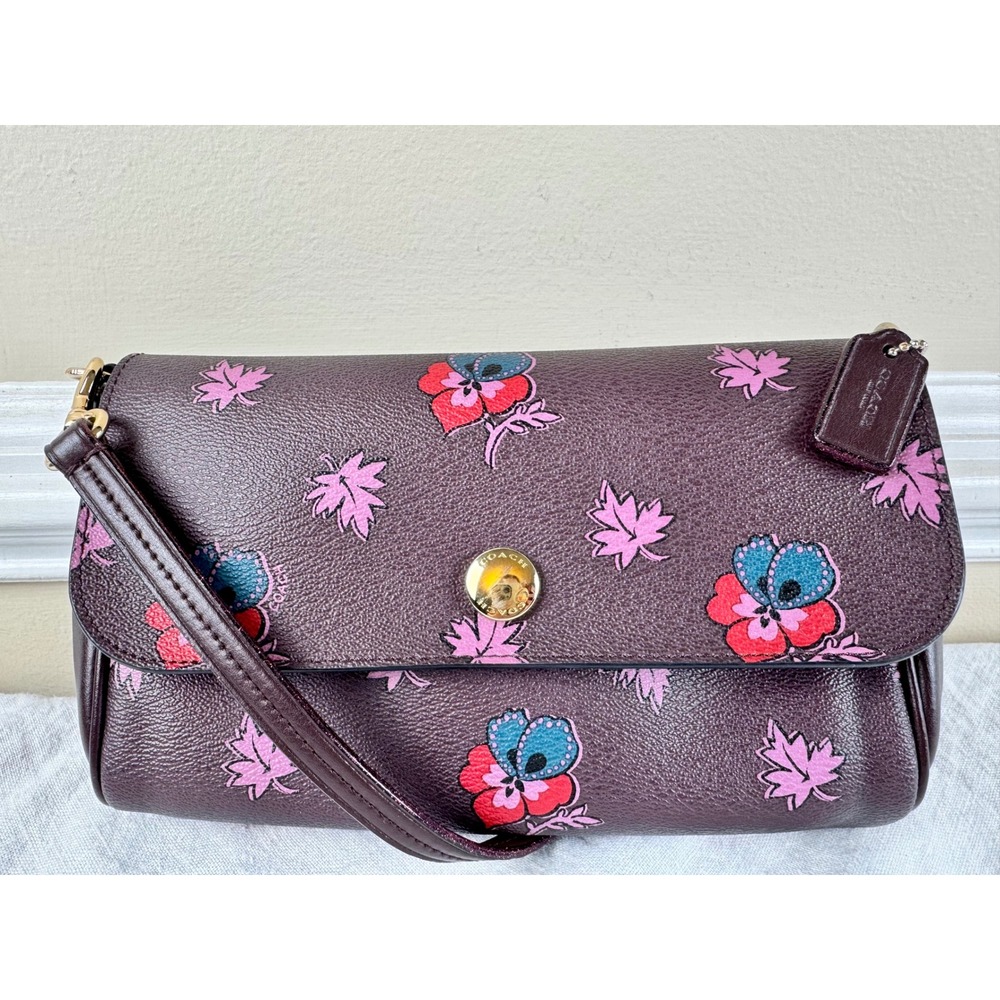 Coach Wildflower Reversible Plum Floral Flap Crossgrain Leather Crossbody Bag